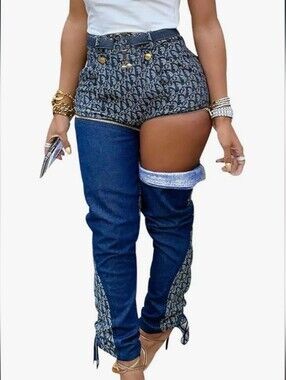 Denim Patchwork Thigh-High Shorts/Zip off Jeans Combo - 🍓🩷🆕✨